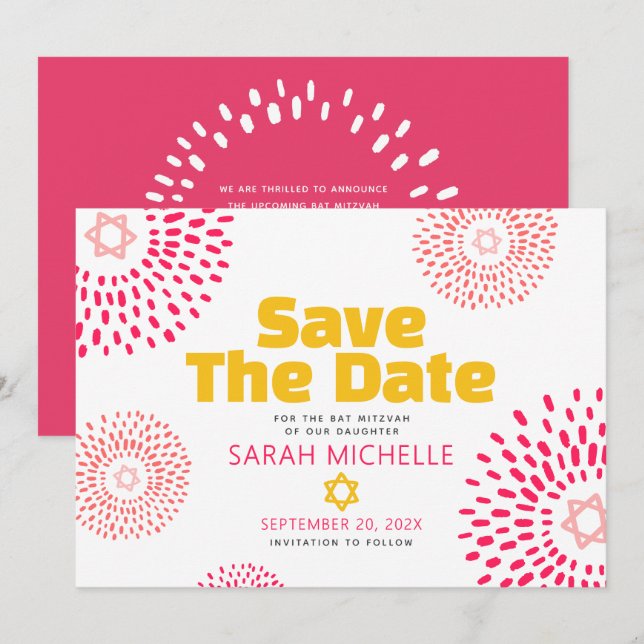 Reserva La Fecha Pink Bat Mitzvah Negrita Starburst Guay Modern Gro (Anverso / Reverso)
