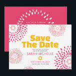 Reserva La Fecha Pink Bat Mitzvah Negrita Starburst Guay Modern Gro<br><div class="desc">¡Asegúrate de que todos tus amigos y parientes puedan celebrar el hito de tu hija Bat Mitzvah! Envíe esta divertida tarjeta de invitación, boho retro, personalizada "Save the Date". Estrellas de David, estrellas de flores de coral y rosa cálido retro, así como tipografía moderna y audaz de color amarillo rosado...</div>