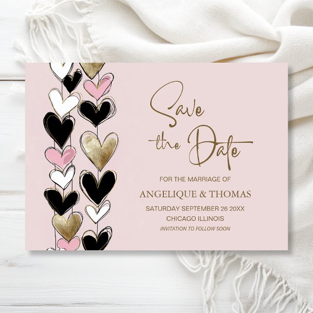 Reserva La Fecha Pink Black Gold Hearts Wedding Save the Date (Subido por el creador)