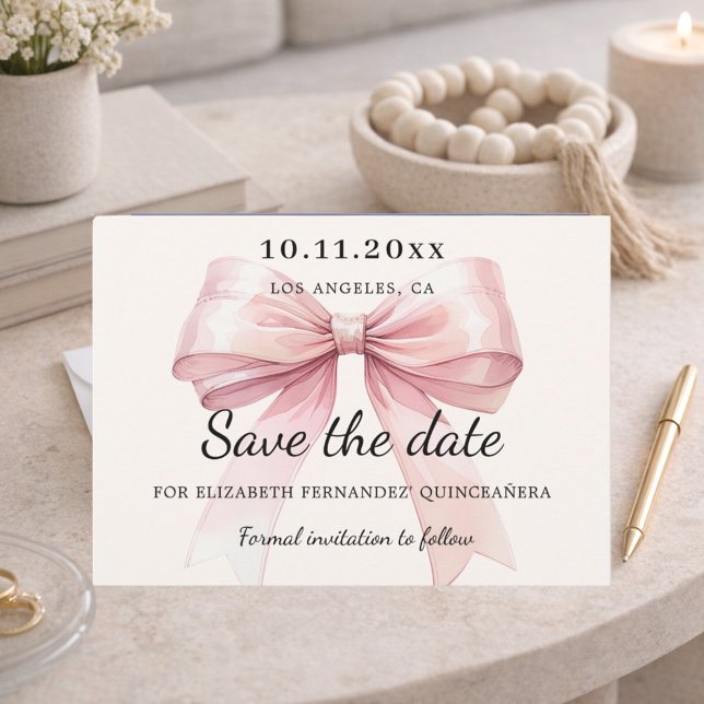 Reserva La Fecha Pink bow cream Quinceanera Save the Date card (Subido por el creador)