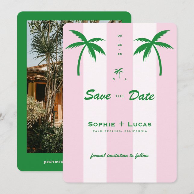 Reserva La Fecha Pink Cabana Stripes Palm Tree Monogram Wedding (Anverso / Reverso)
