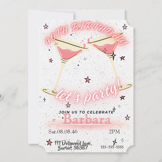 Reserva La Fecha Pink Cocktail 40th Birthday Invitation (Anverso)