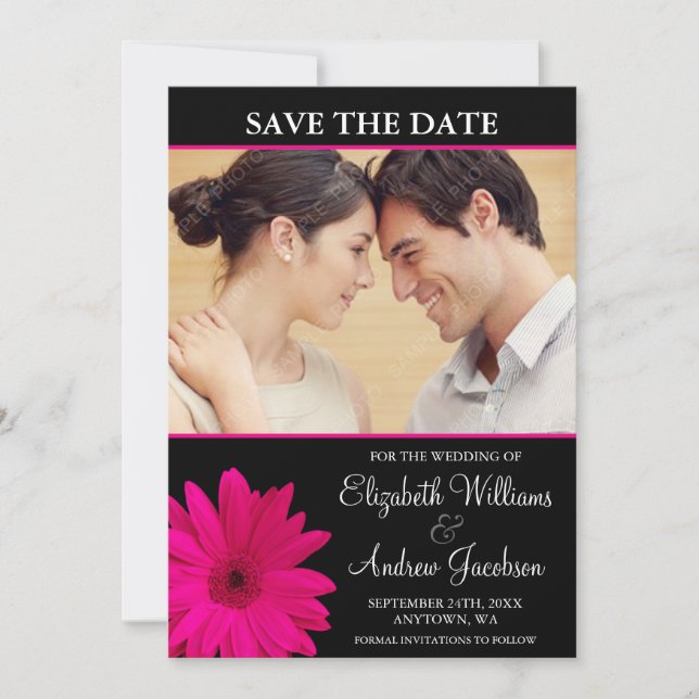 Reserva La Fecha Pink Daisy Black Photo Save the Date (Anverso)