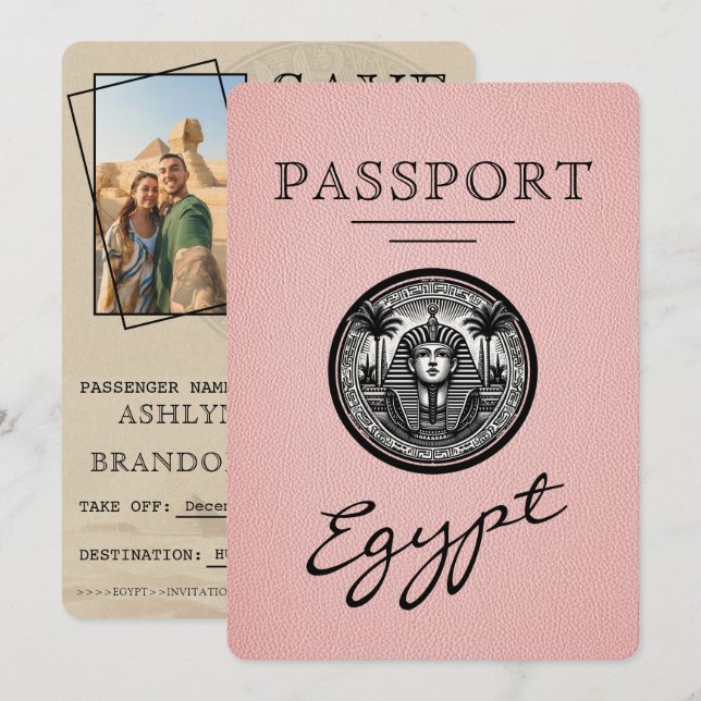 Reserva La Fecha Pink Egypt Passport Wedding Save the Date (Anverso / Reverso)