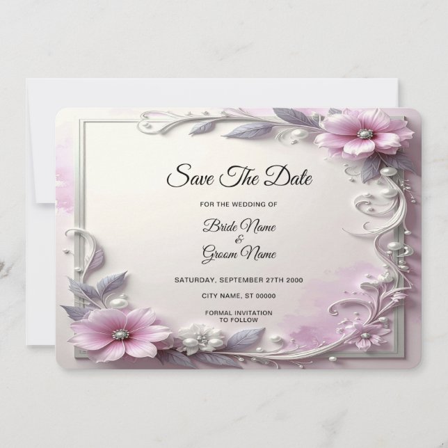 Reserva La Fecha Pink Floral Frame Save The Date (Anverso)