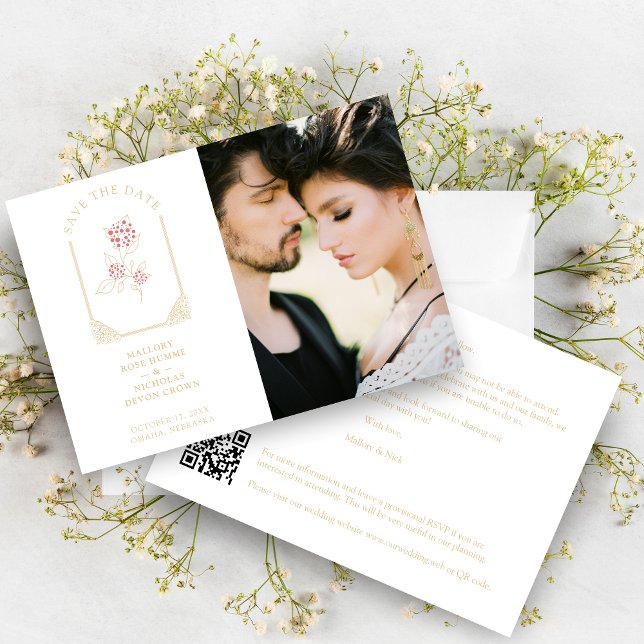 Reserva La Fecha Pink Floral Simulated Dome Arch Wedding in Gold (Pink Floral Simulated Dome Arch Wedding in Faux Gold Photo in White background Save the Date Card.)