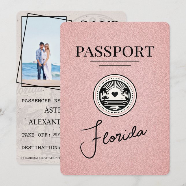 Reserva La Fecha Pink Florida Passport Save the Date (Anverso / Reverso)