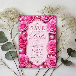 Reserva La Fecha Pink Glitter Rose Glamorous Floral 