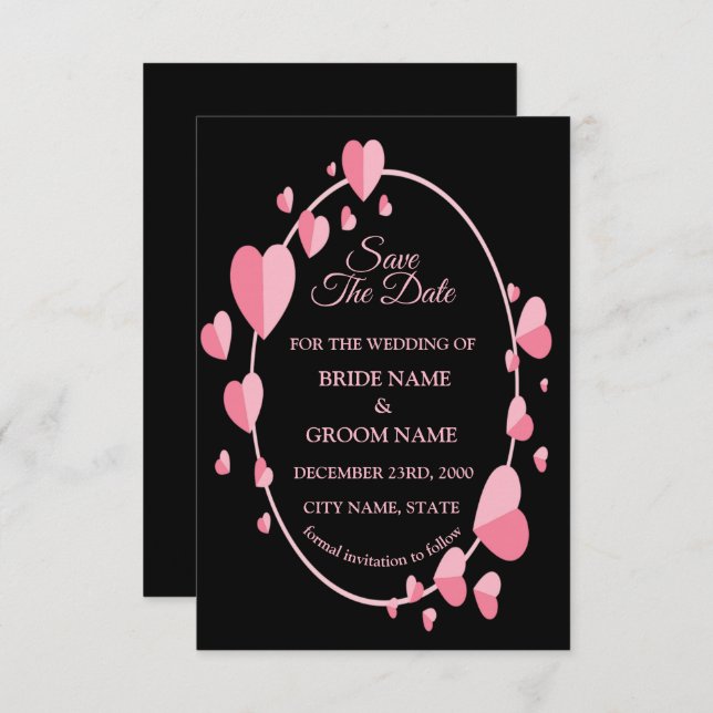 Reserva La Fecha Pink Heart Pattern Black Geometric Elegant Wedding (Anverso / Reverso)