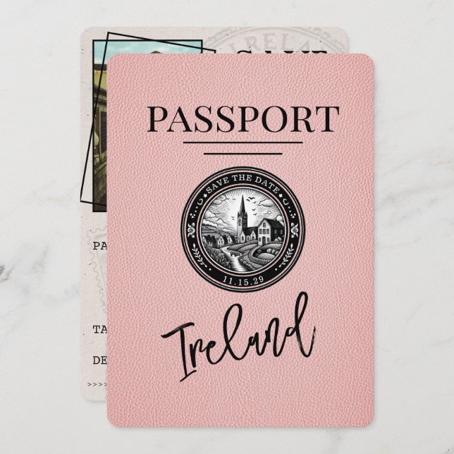 Reserva La Fecha Pink Ireland Passport Save the Date (Anverso / Reverso)