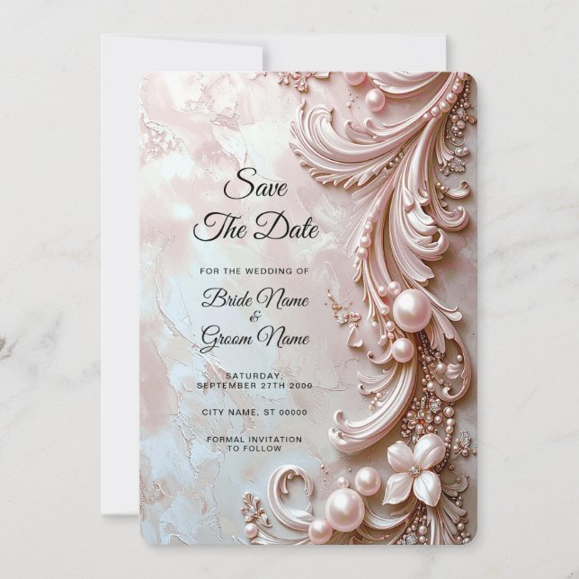 Reserva La Fecha Pink Ornate Pearl and Floral Save the Date (Anverso)