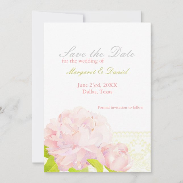 Reserva La Fecha Pink Peony Faux Lace Wedding Save The Date (Anverso)