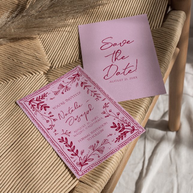 Reserva La Fecha Pink Raspberry Drawn Floral Garden Save The Date (Subido por el creador)