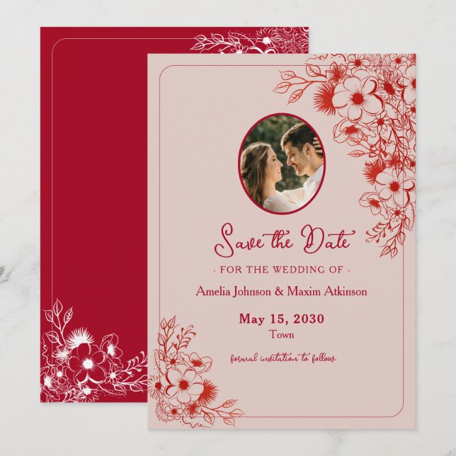 Reserva La Fecha Pink Red Floral Photo (Anverso / Reverso)