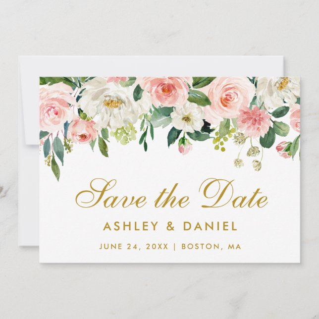 Reserva La Fecha Pink White Floral Gold Save the Date Card (Anverso)
