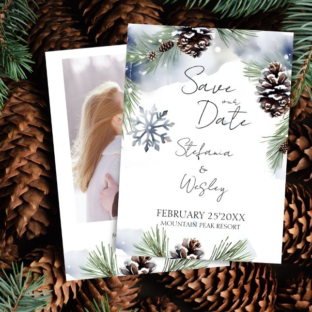 Reserva La Fecha Pinos nevados de acuarela de invierno foto guardar (Winter wedding photo save the date editable template digital download watercolor pines snowflakes)