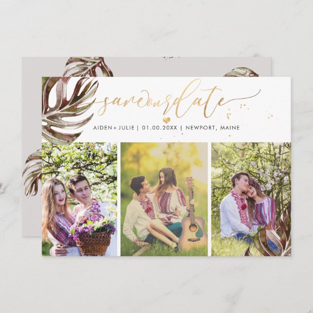 Reserva La Fecha PixDezines Burgundy Monstera Faux Gold (Anverso / Reverso)