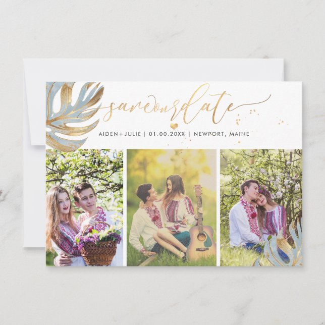 Reserva La Fecha PixDezines Dusty Blue Monstera Faux Metallic (Anverso)