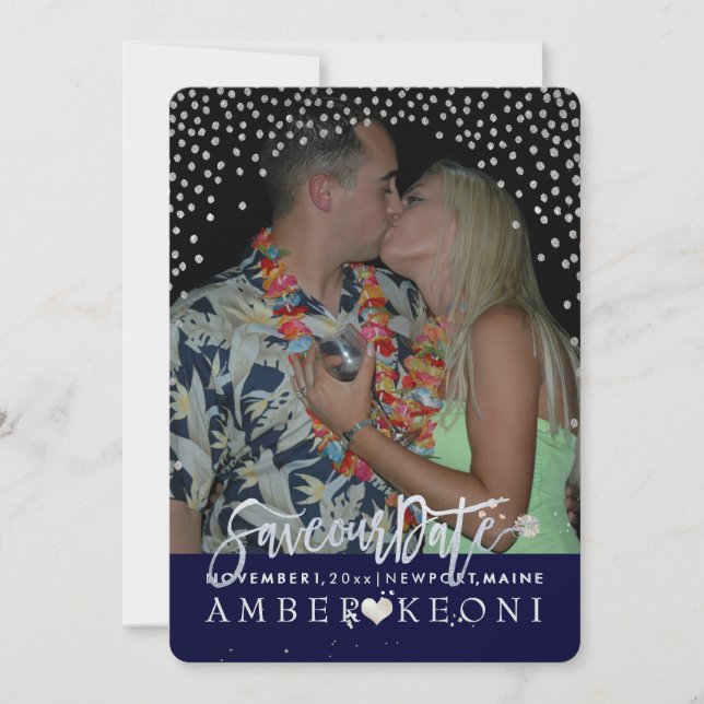 Reserva La Fecha PixDezines Faux Silver Confetti/Heart/Save Date (Anverso)