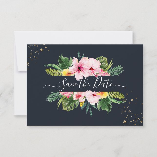 Reserva La Fecha PixDezines Floral Tropical & Follaje Hecho a Mano  (Anverso)