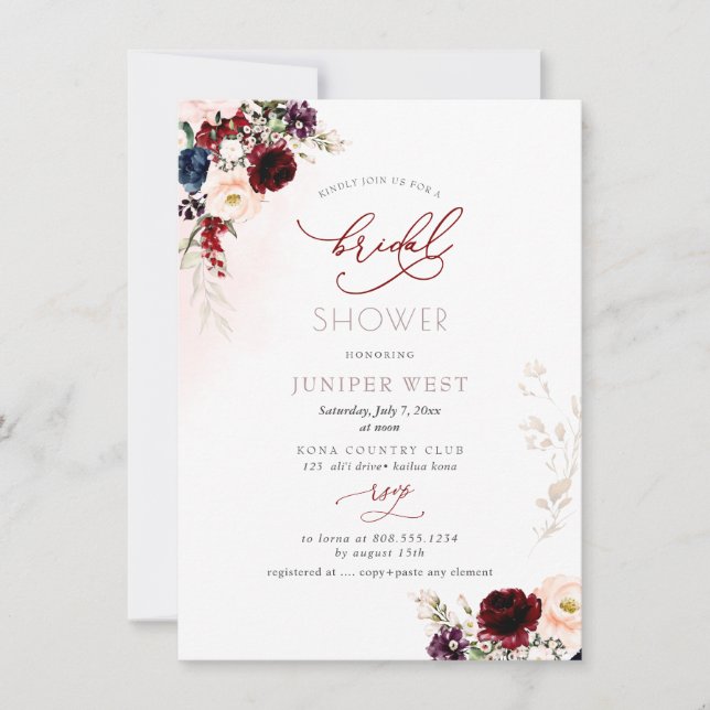 Reserva La Fecha PixDezines H2 Burgundy Rubor Floral Bridal Shower (Anverso)