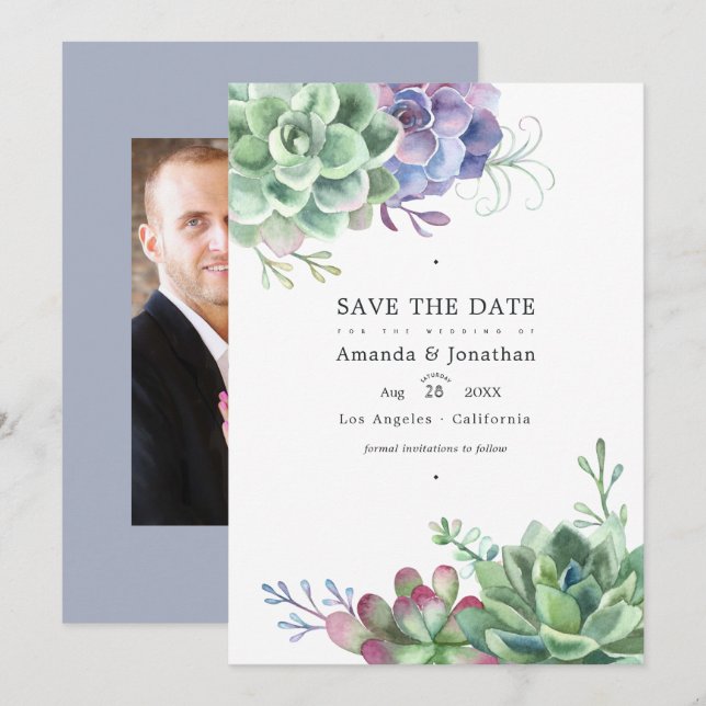 Reserva La Fecha Plantas de cactus suculentas en acuarela para foto (Anverso / Reverso)