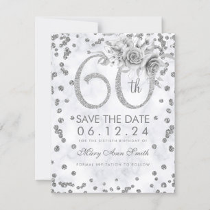 Reserva La Fecha Plata 60 cumpleaños Glam Marble