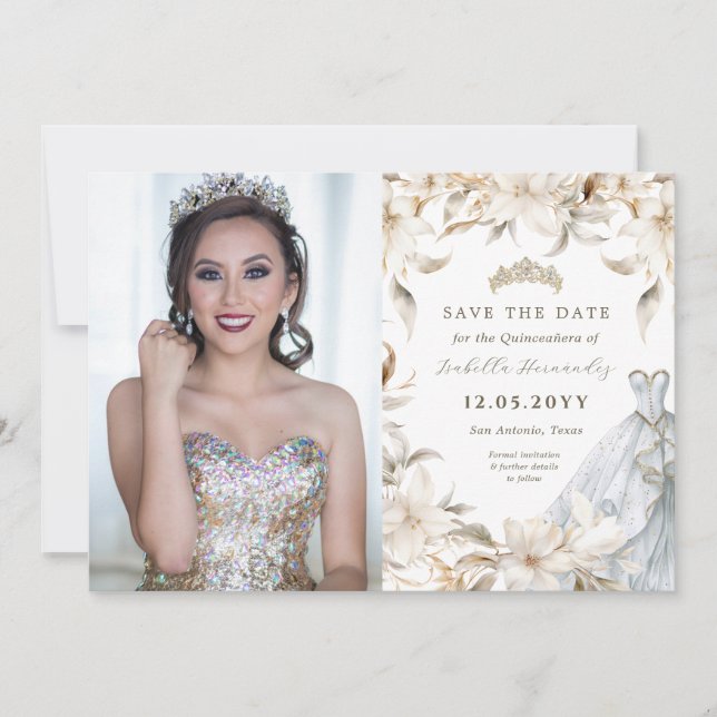 Reserva La Fecha Plata dorada blanca Florals Vestido Quinceañera (Anverso)