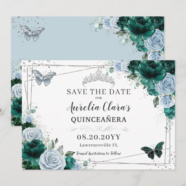 Reserva La Fecha Plata floral esmeralda azul Quinceanera XV dulce 1 (Anverso / Reverso)