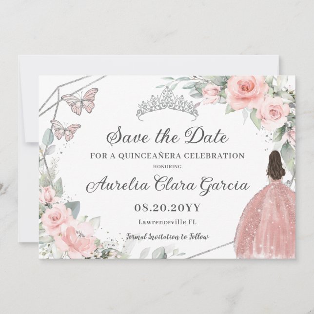 Reserva La Fecha Plata Floral rosa Rubor Quinceanera dulce dieciséi (Anverso)