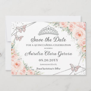 Reserva La Fecha Plata floral rosa Rubor Quinceañera dulce dieciséi