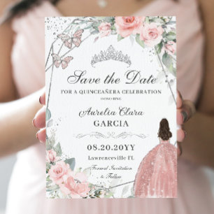 Reserva La Fecha Plata Floral rosa Rubor Quinceanera dulce dieciséi