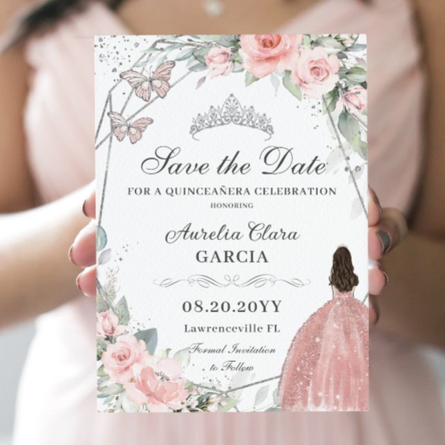Reserva La Fecha Plata Floral rosa Rubor Quinceanera dulce dieciséi (Subido por el creador)