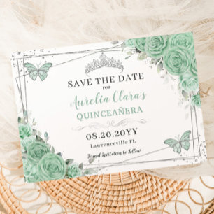 Reserva La Fecha Plata floral verde de menta Quinceanera XV dulce 1