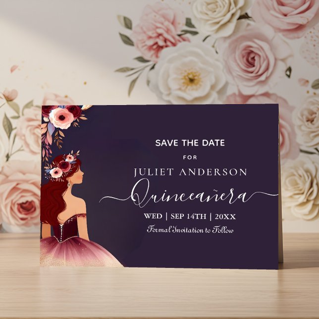 Reserva La Fecha Plata Plum Lace Gown Boho Borgundy Quinceanera (Subido por el creador)