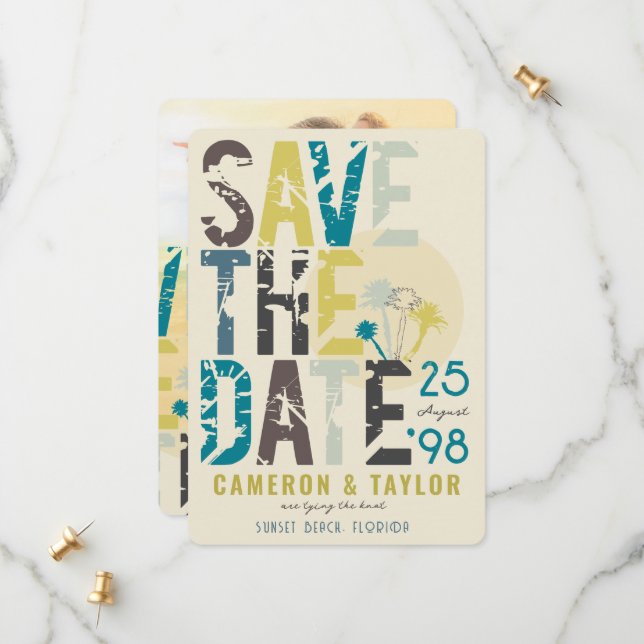 Reserva La Fecha Playa Tropical de Palmeras Azules Grunge Foto de t (Anverso/Reverso In Situ)