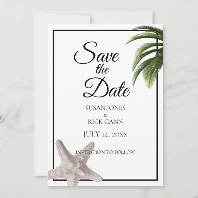 Reserva La Fecha Playa Tropical Palm Tree Starfish Moderno (Anverso)