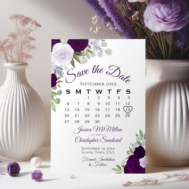 Reserva La Fecha Plum Purple Floral Elegante Calendario Boho Boda (Subido por el creador)
