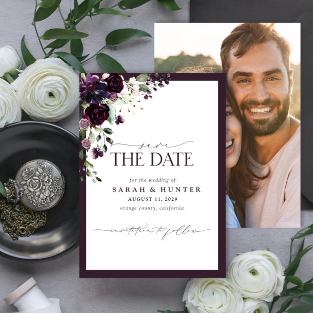 Reserva La Fecha Plum Purple Floral Script Wedding Guardar La Fecha (Subido por el creador)