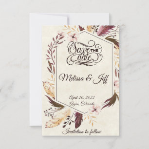 Reserva La Fecha Plumas boho moradas guardan la fecha
