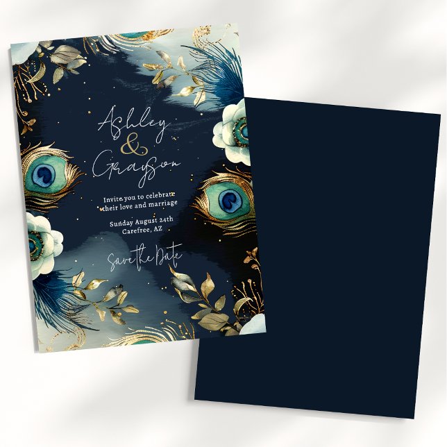 Reserva La Fecha Plumas de Pavo Real Celestiales Boda Elegante (Subido por el creador)