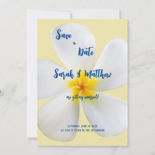Reserva La Fecha Plumeria Blanca sobre Amarillo, Boda Tropical Flor