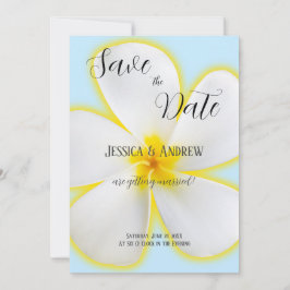 Reserva La Fecha Plumeria Tropical, Blanca y Amarilla, Boda Floral