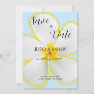 Reserva La Fecha Plumeria tropical, blanca y amarilla, Boda floral