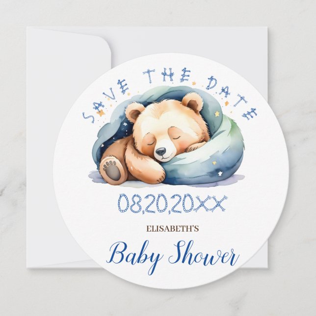Reserva La Fecha Podemos Esperar Dormiendo A Teddy Bear Baby Shower (Anverso)