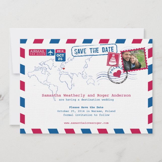 Reserva La Fecha Polonia Air Mail Wedding Save The Date (Anverso)