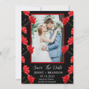 Reserva La Fecha Poppies Watercolor Elegante Foto Floral Roja