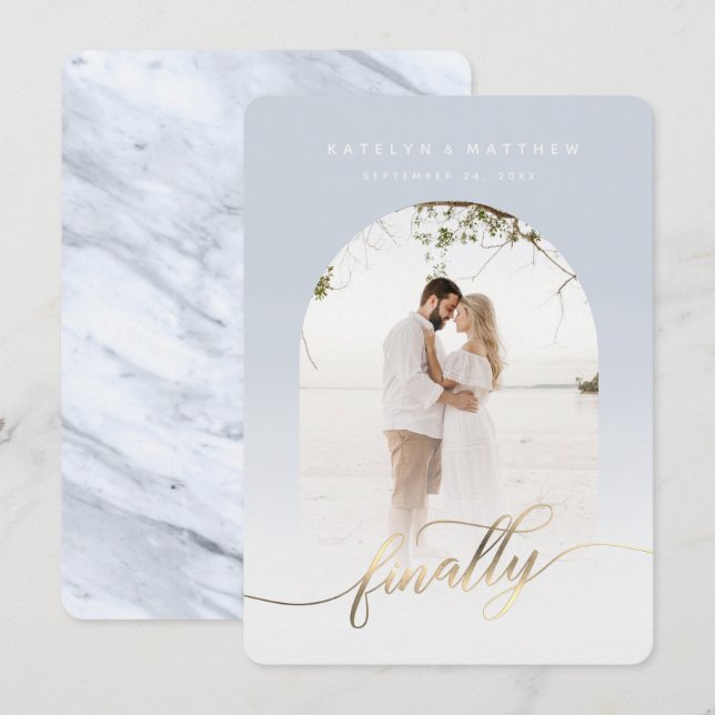 Reserva La Fecha Por fin guión dorado Dusty Blue Arched foto enmarc (Anverso / Reverso)