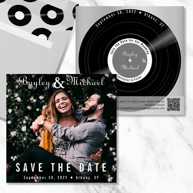 Reserva La Fecha Portada del álbum de fotos con registro de Vinyl G (Vinyl record album cover and record save the date in gray)