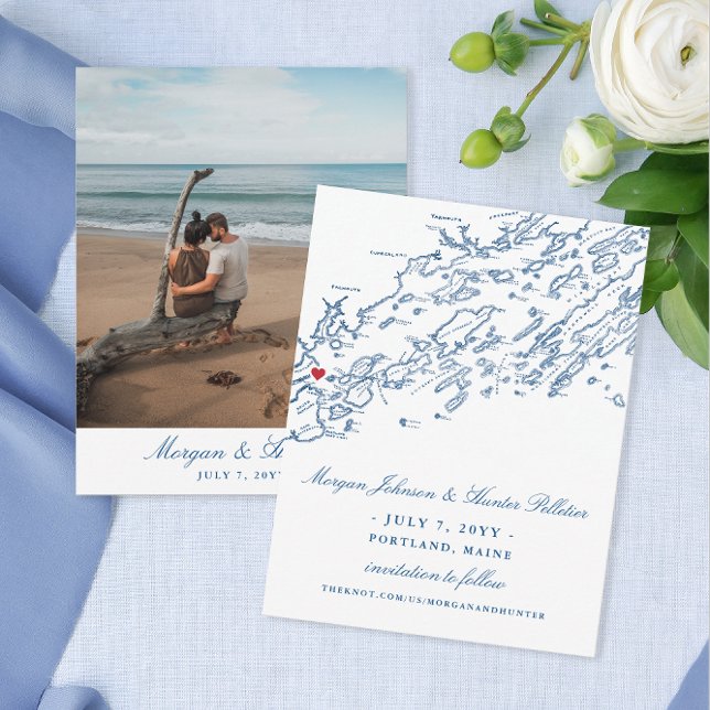Reserva La Fecha Portland Guardar la fecha para un Boda principal (These elegant Portland Maine save the dates feature a navy blue map with a heart over Portland)